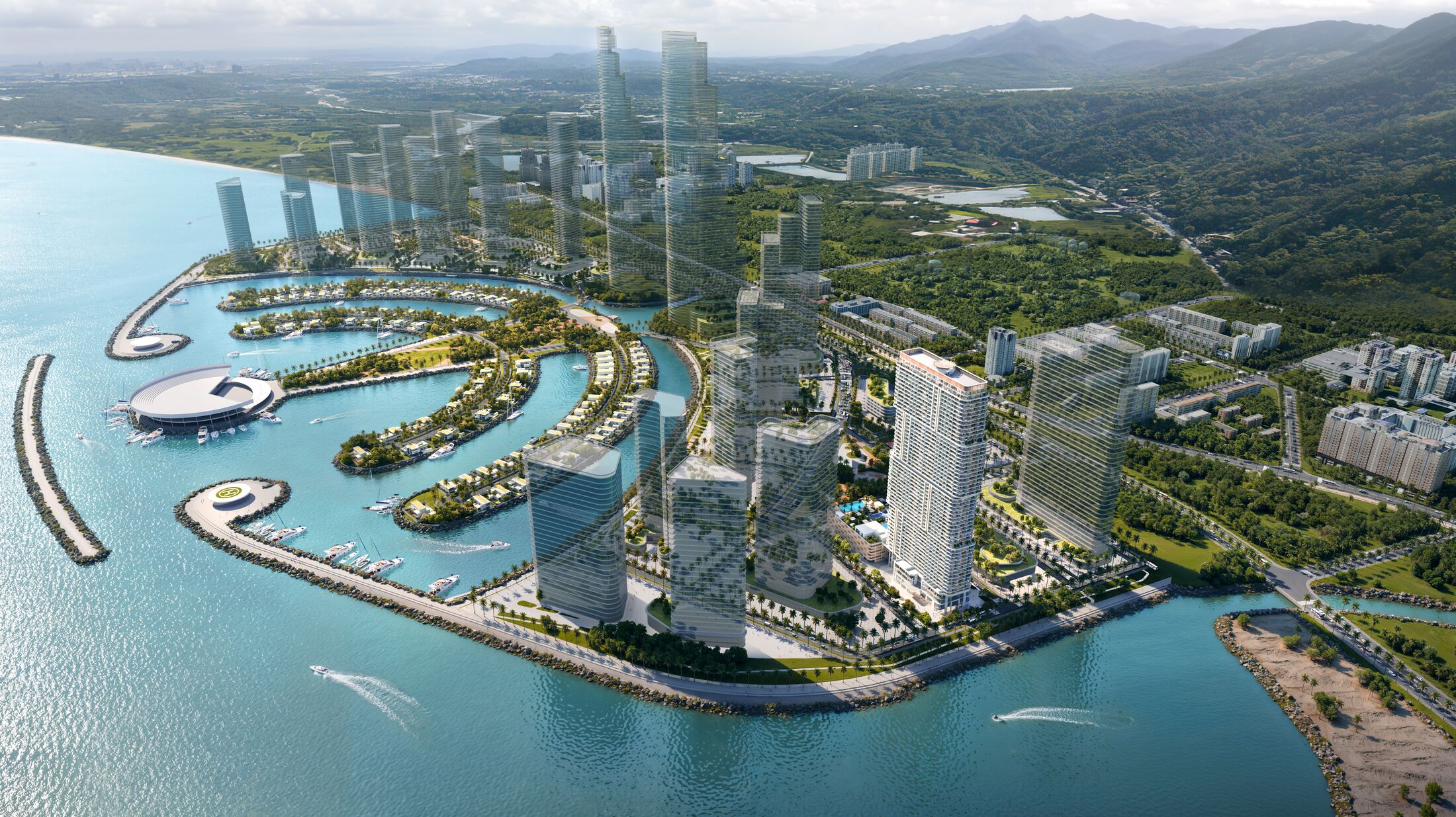 PENINSULA ONE, башня на острове Амбассадори, вид с моря